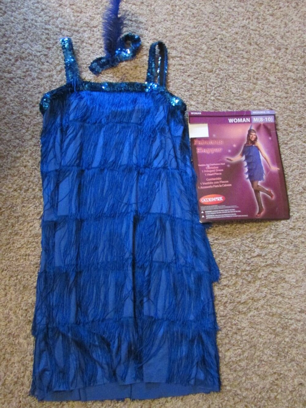 NEW Medium 8/10 Fabulous Flapper Blue Fringed Sequin Dress & Head Piece Costume